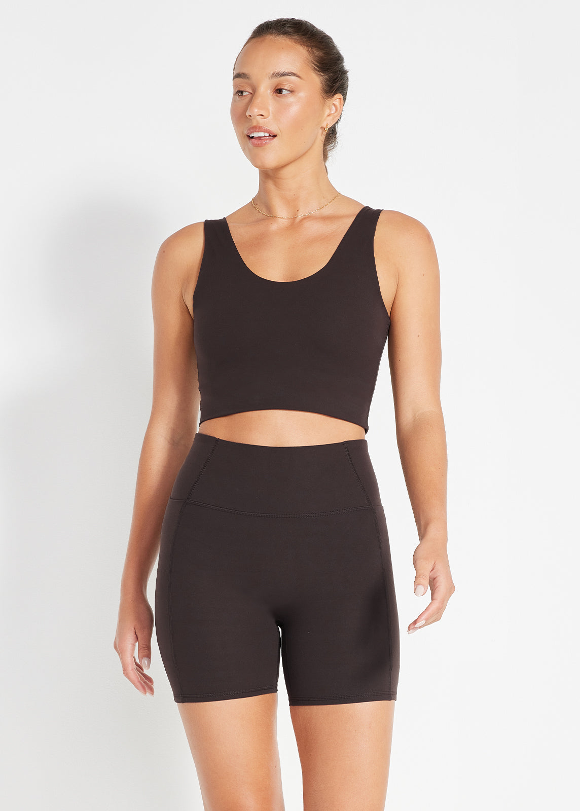 Scoop crop top and bike short set in deep espresso, designed for all-day comfort and movement