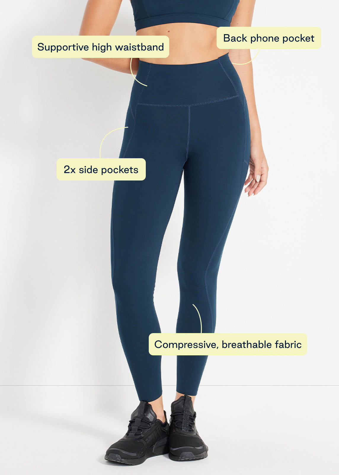 Navy leggings with callouts showing compressive fabric and dual pocket details