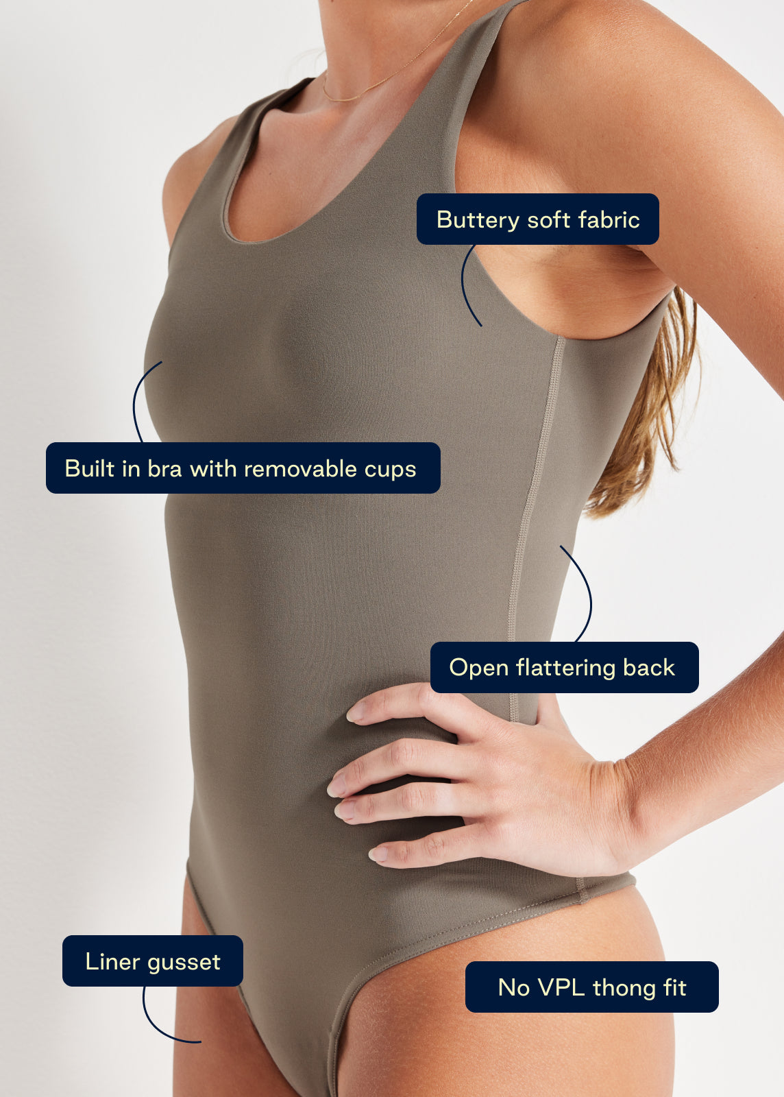 Close-up of brown bodysuit showing benefits including soft fabric, built-in bra and seamless design