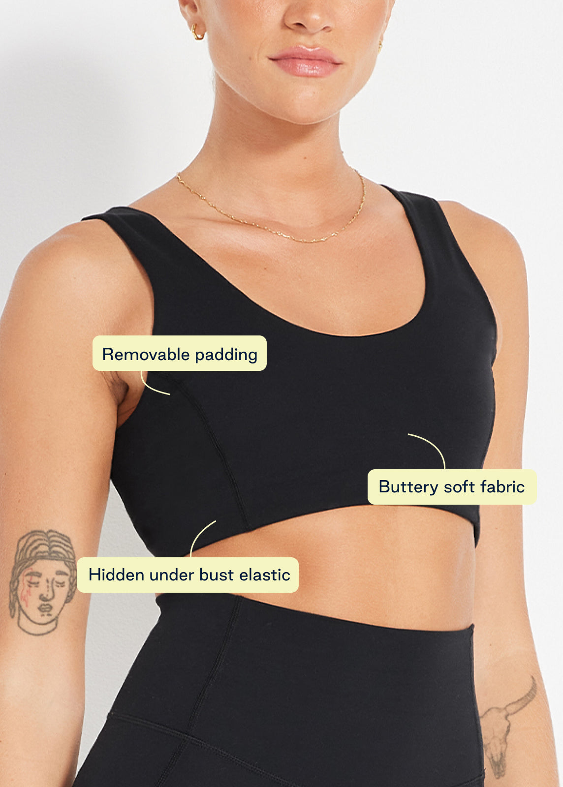 Close-up of black scoop crop with removable padding and buttery soft fabric for all-day comfort